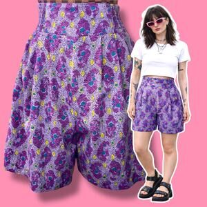 Vtg 80s Purple Paisley Womens High Waist Elastic Waist Shorts Size Medium Retro